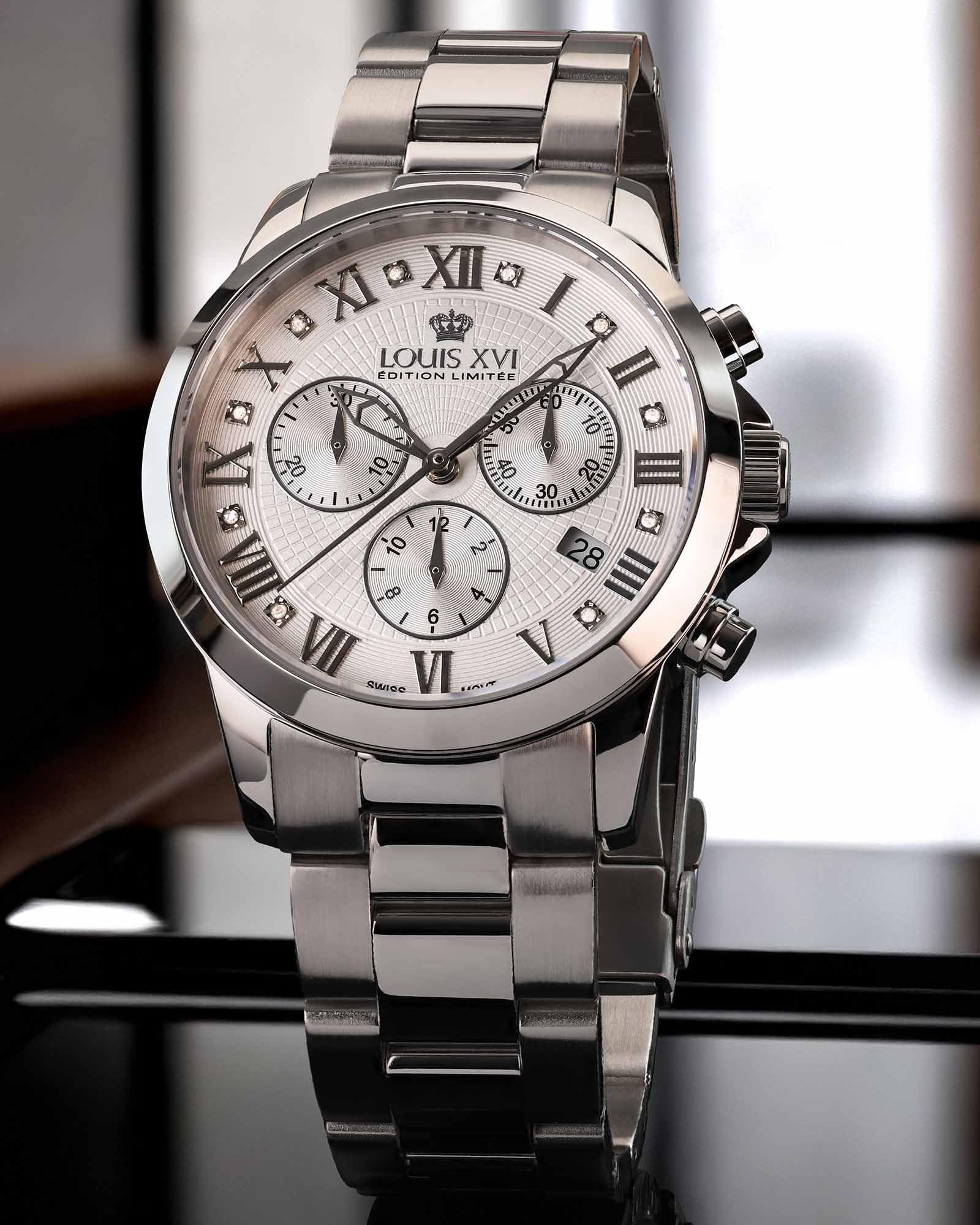 LOUIS XVI Damen-Armbanduhr Athos Pour Femme Stahlband Silber Weiss echte Diamanten Chronograph Analog Quarz Edelstahl 516