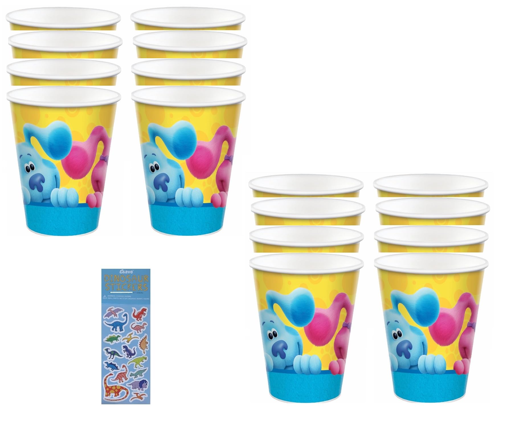 Amscan Blue's Clues Birthday Baby Shower Party Supplies Bundle includes 16 Paper Cups and 1 Dinosaur Sticker Sheet