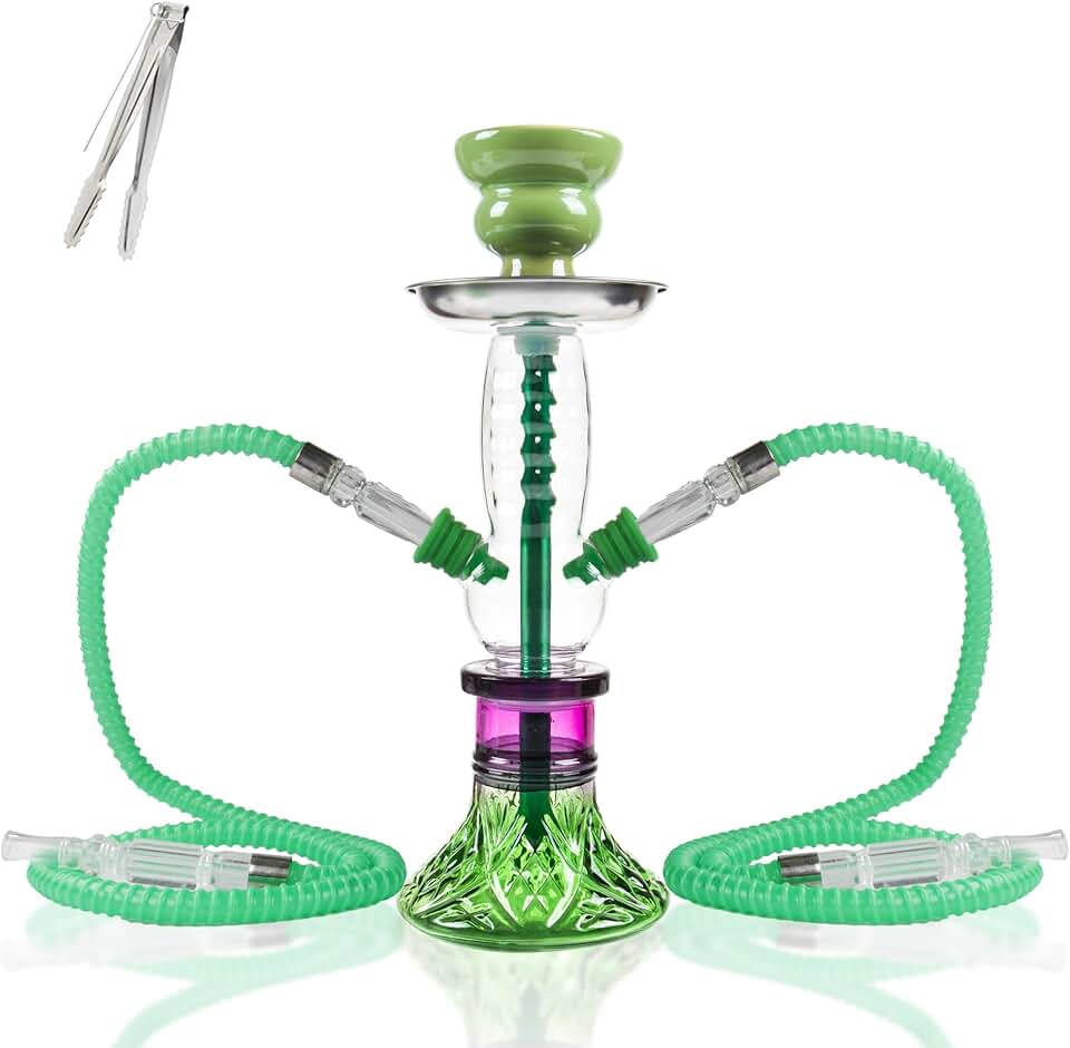 2-Hose Small Green Glass Hookah Set - Portable Water Shisha Pipe
