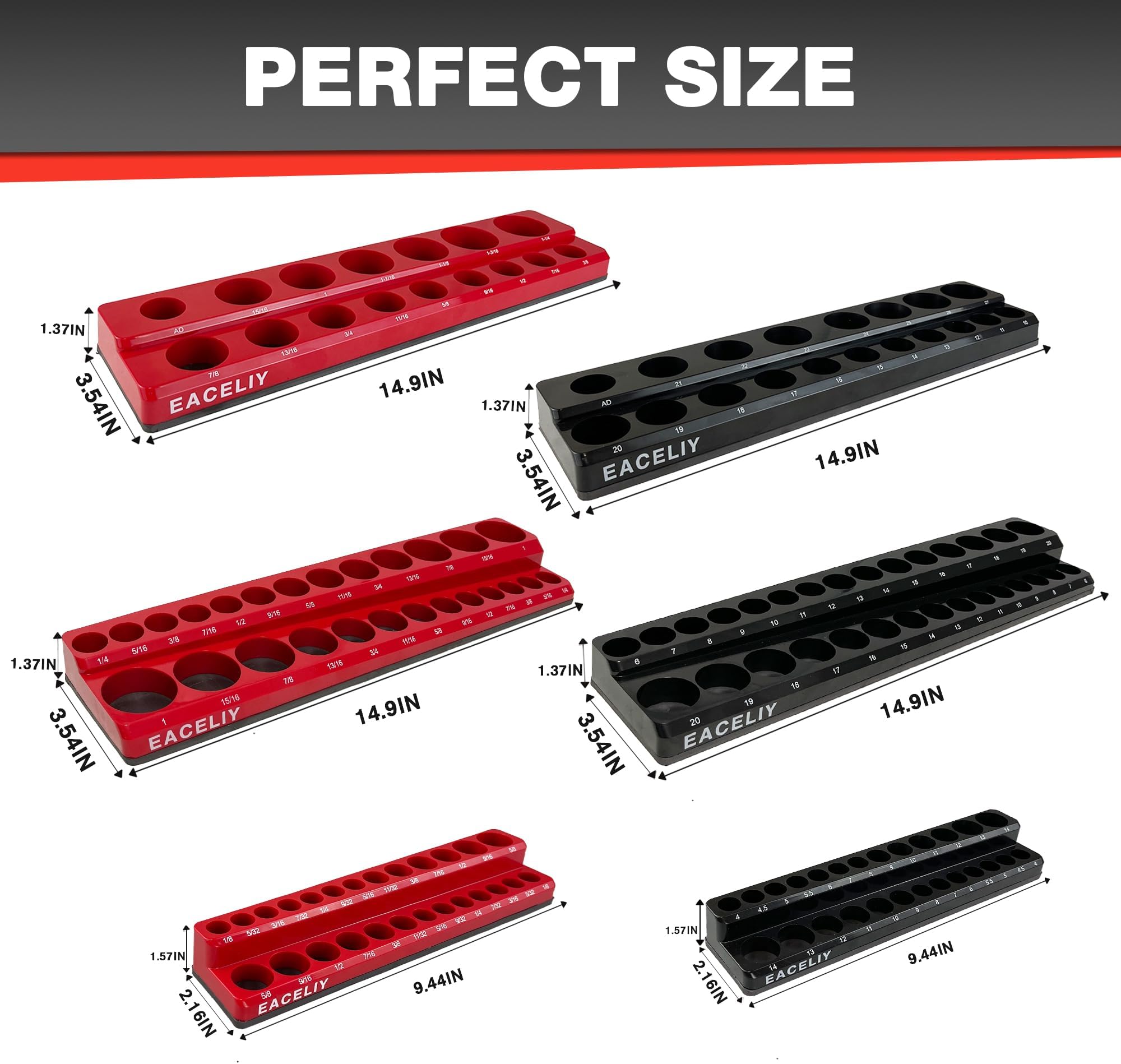 6Pcs Magnetic Socket Organizer Set, 1/2", 1/4" and 3/8" SAE & Metric Deep & Shallow Socket Holder Kit, Socket Trays，holds 143pcs Sockets (sockets not included)