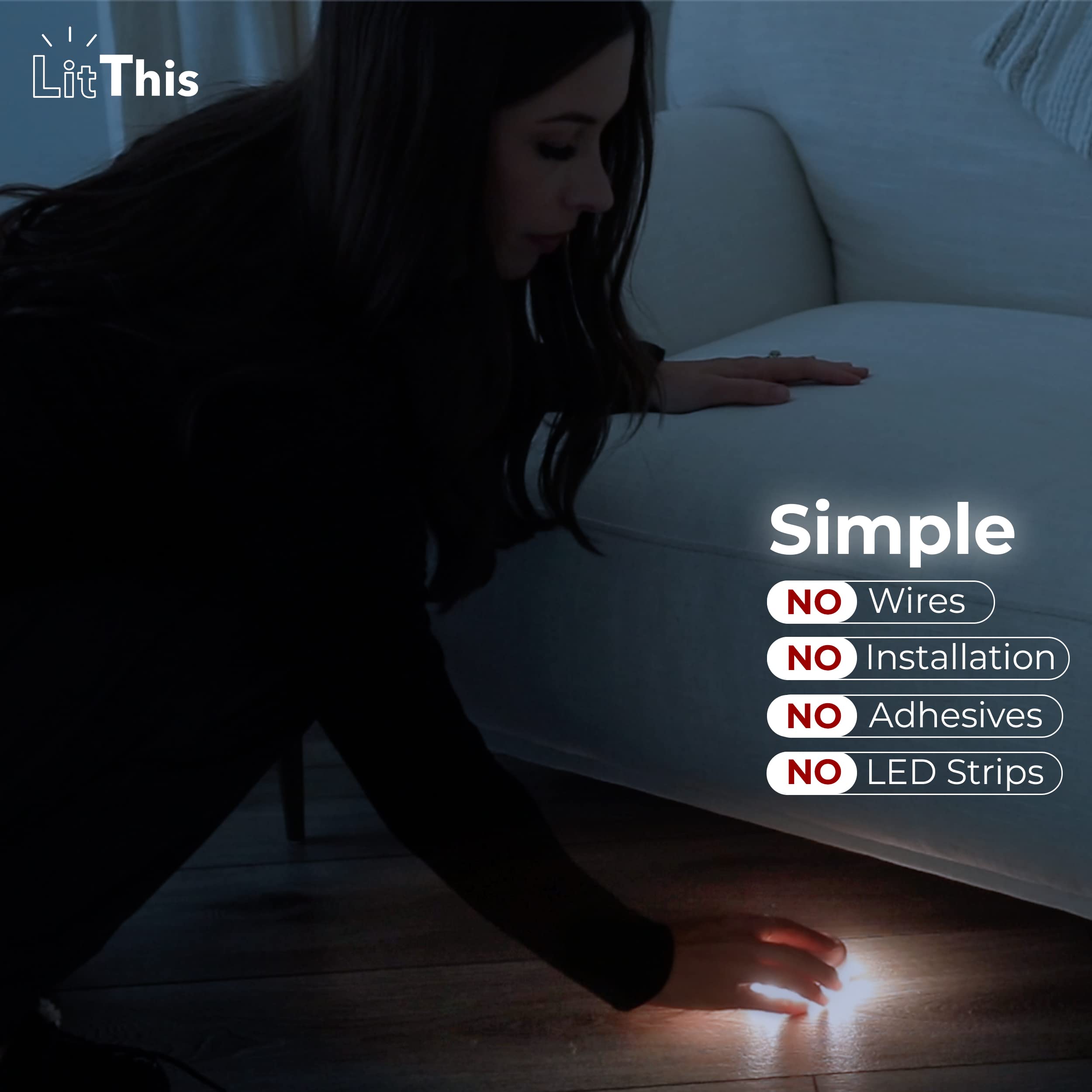 Luces debajo de la cama con sensor de movimiento, sin instalación; se desliza debajo de los muebles. Luces LED con detección de movimiento de 360° para camas y salas de estar. Brillo ajustable