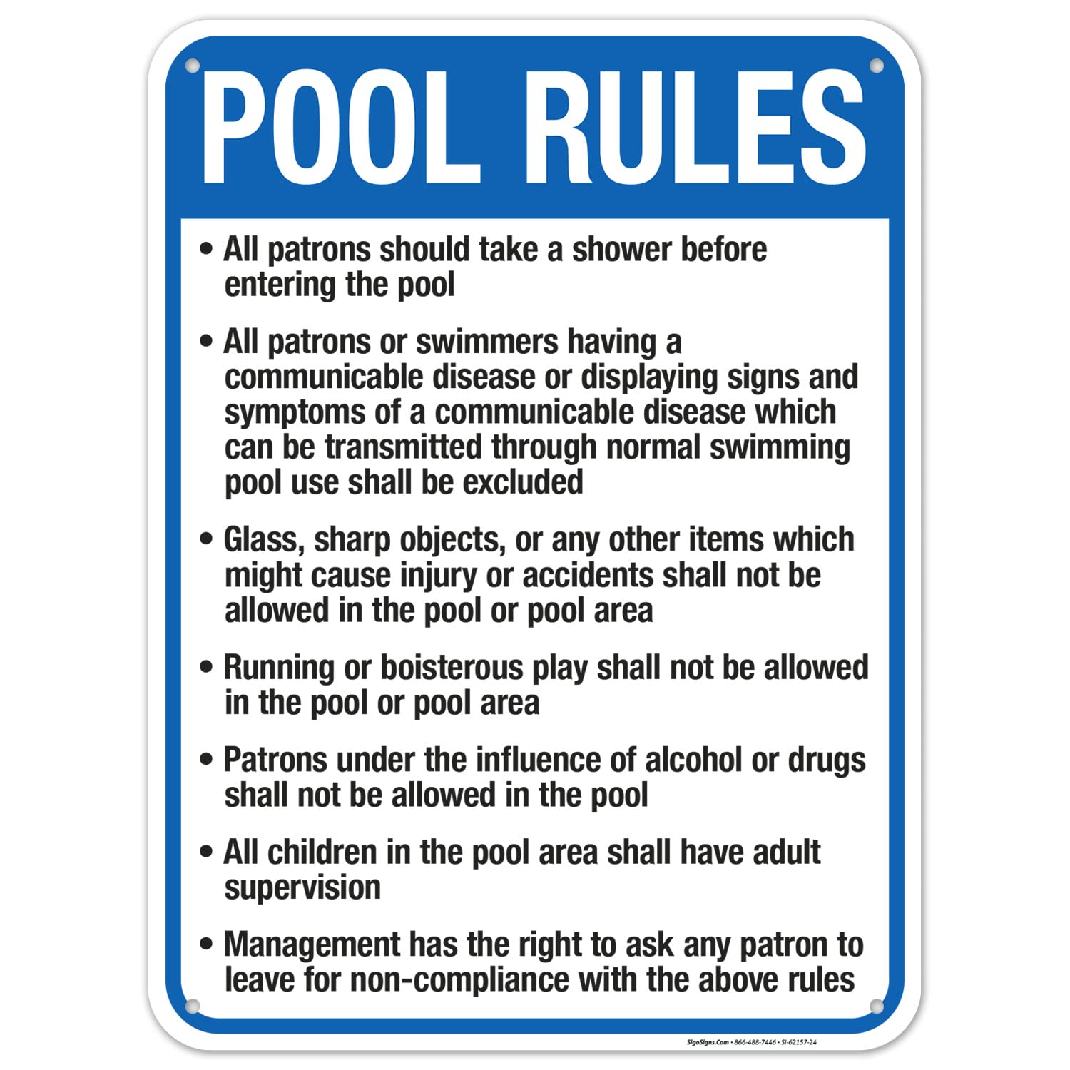Tennessee Pool Rules Sign, Complies With State Of Tennessee Pool Safety Code, 18x24 Inches, 55 mil thick HDPS (high density polystyrene), Made in USA by Sigo Signs