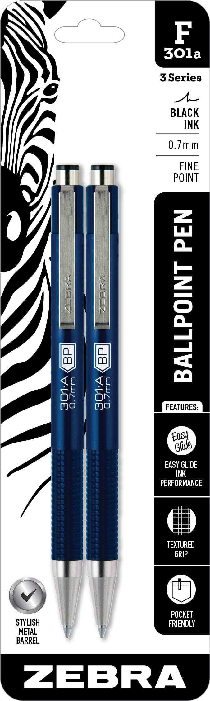STEEL F-301A Ballpoint Black Ink Fine Point 0.7mm Pen, Easy-Glide Ink, Blue Aluminum Barrel, Non-Slip Grip, Professional Design, Ideal for Office, Journal and Planner Use, 2-Pack (27502)