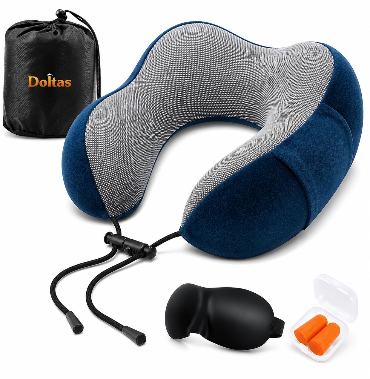 DOLTAS Memory Foam Travel Pillow for Neck Pain Relief, Includes Eye Mask & Noise Isolating Ear Plugs, Portable Combo for Men & Women, Ideal for Long Flights & Road Trips | Velvet Navy Blue-image-6
