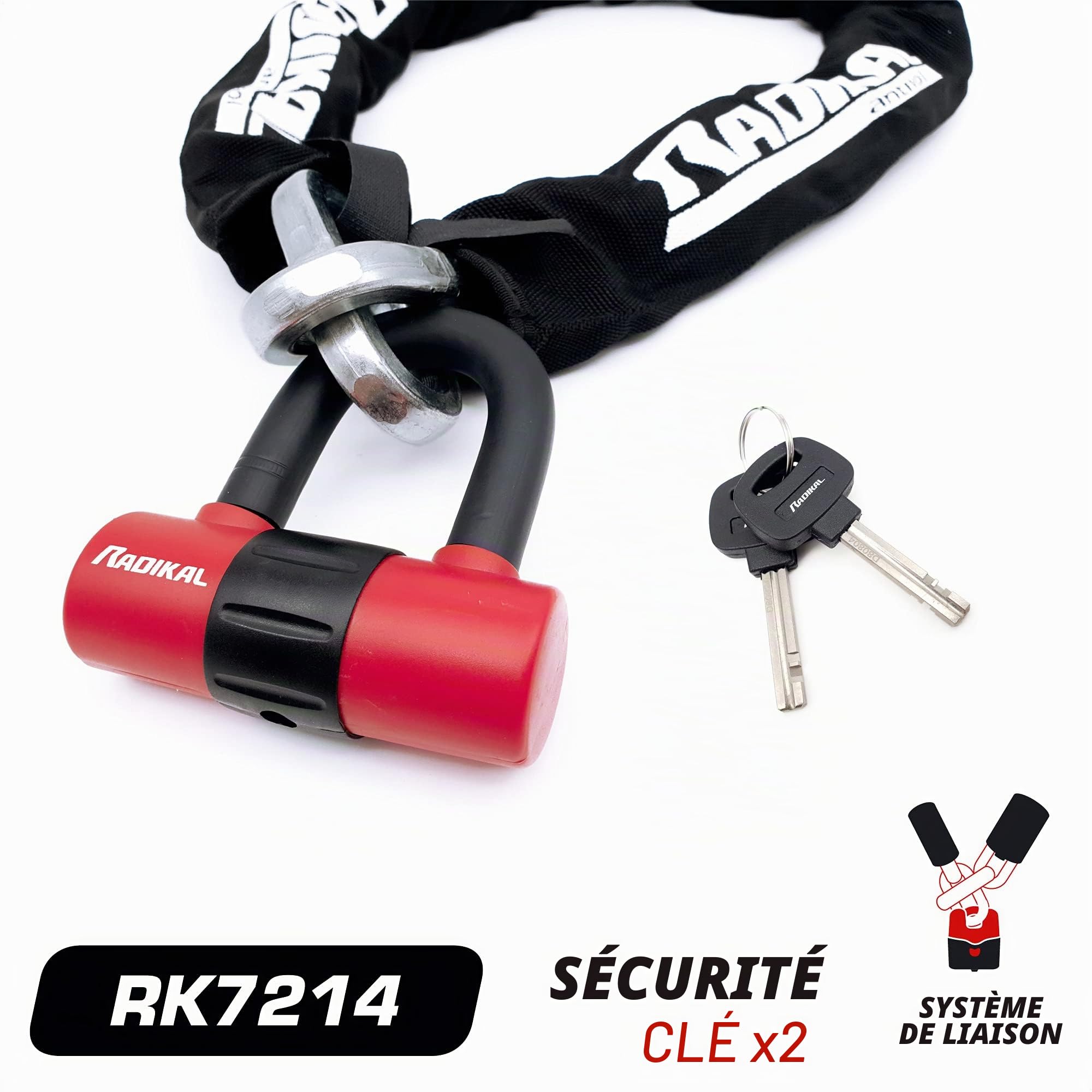 RADIKAL RK7214 Chaîne Carrée Antivol Moto, Double Fonction, 120cm et Mini U Cadenas 14mm + Câble de Rappel