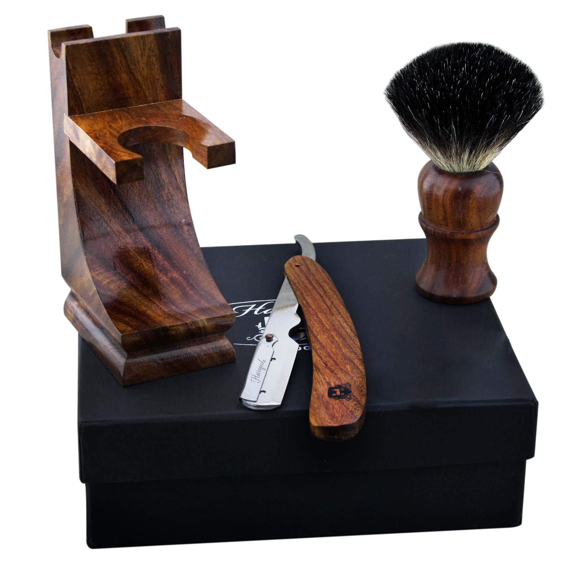 Haryali London Kit de afeitado – Kit de afeitado de madera de 3 piezas – Kit profesional de afeitar de garganta – Maquinilla de afeitar de corte – Brocha de afeitar de tejón – Soporte de madera