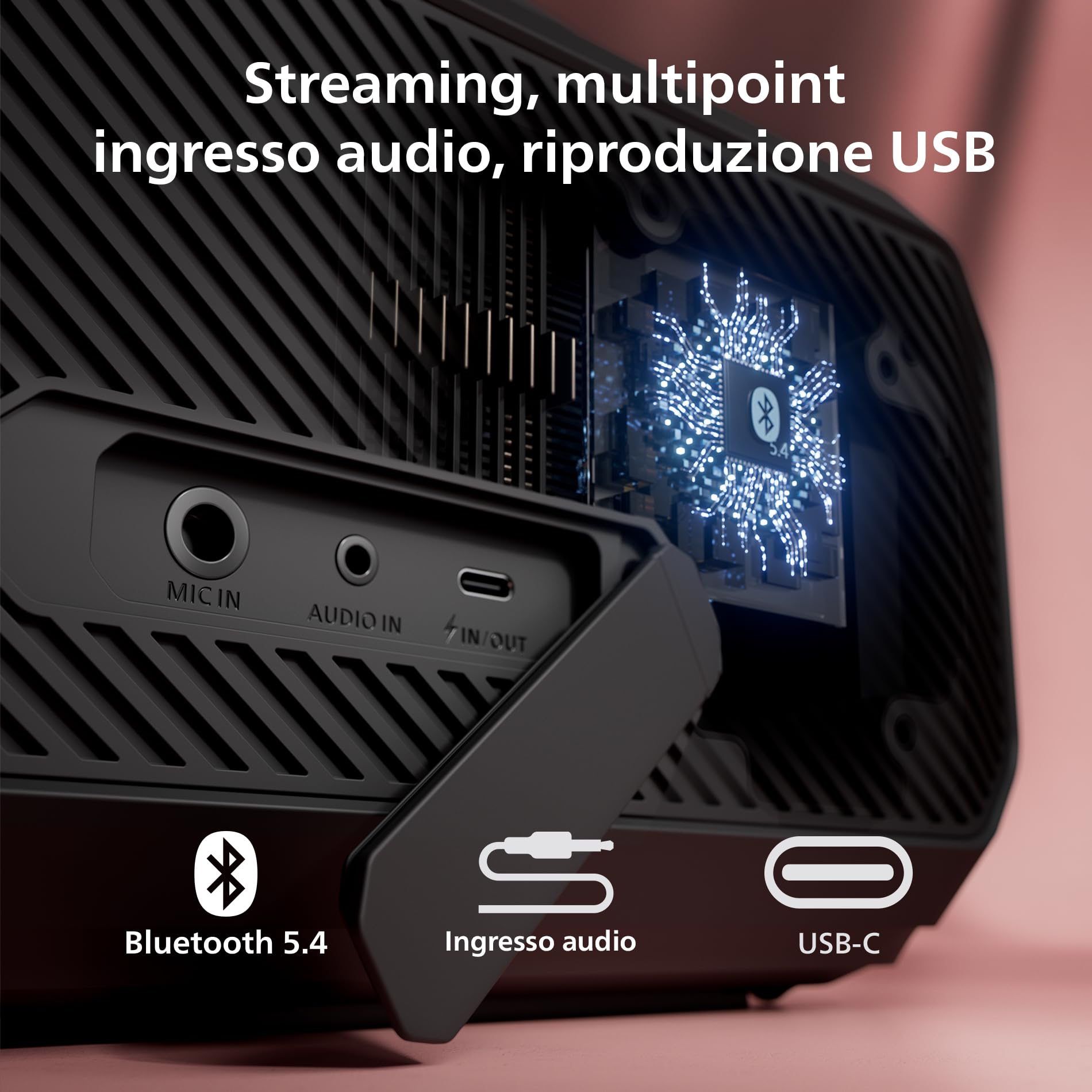 Philips TAS7000EB Altoparlante Bluetooth wireless con uscita 100 W Max, Bass+, Spettacolo di luci LED, Auracast, IP67, 24 ore di riproduzione, Power Bank, Ingresso mic, Batteria di ricambio – Nero