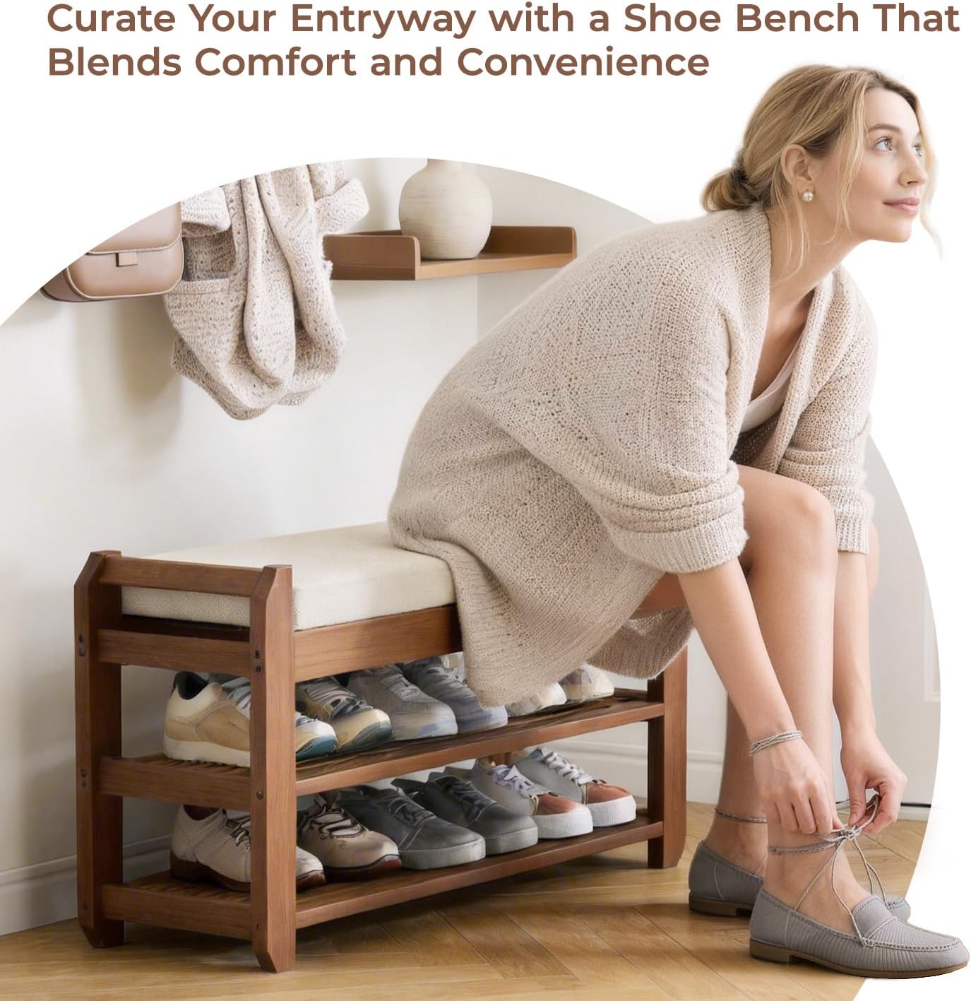 27.6" Bamboo Shoe Bench with Cushion, 2-Tier Storage Bench for Entryway, Heavy Duty Shoe Rack Organizer with Removable Soft Cushion for Living Room Bedroom Hallway