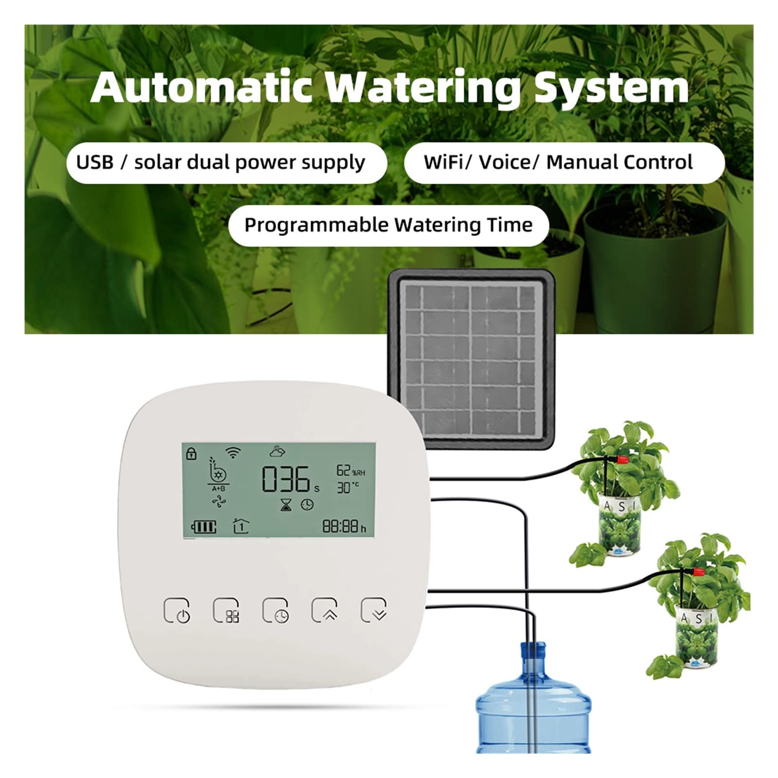 Ogród Hydroponiczny, Intelintne sterowanie głosowe Ogród Automatyczne urządzenie do podlewania Nawadnianie kropelkowe instalacji solarnej Czasowy system czasowy wody, Patrz, jak rosną rośliny(With So