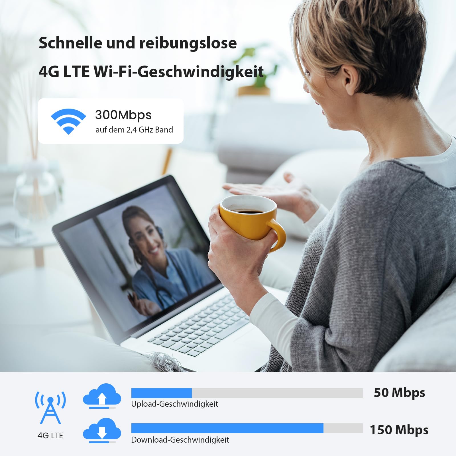 Tenda 4G03 Pro LTE Router, Mobiler WLAN Router SIM-Karte (4G Cat4 bis 150 Mbit/s, 300 Mbit/s 2.4GHz) USB-DC und LAN/WAN-Ports, Plug and Play, bis zu 32 Geräte, WiFi Router mit Gast Kindersicherung