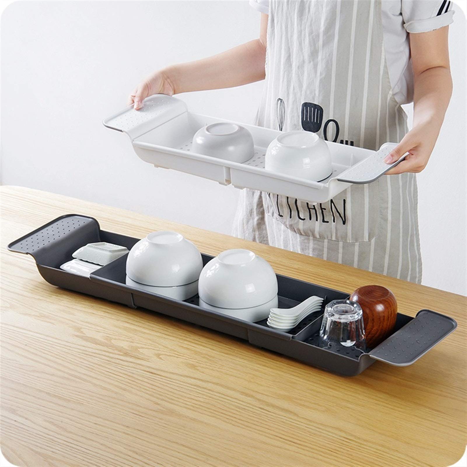 Bañera retráctil Estante de Almacenamiento Bandeja de baño Bañera Herramientas de baño multifunción Almacenamiento de Toallas Fregadero de Cocina Soporte de desagüe (Color : Black) (White)