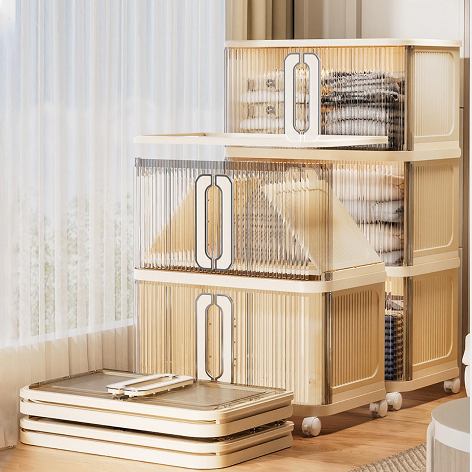 Scatole portaoggetti con coperchio, contenitori impilabili in plastica a 5 ripiani con ruote, organizer pieghevole per camera da letto, armadio, ufficio, bagno, design pieghevole