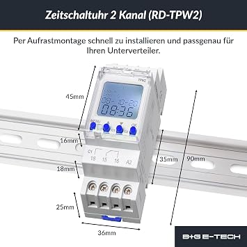 Digital 2 Channel Timer [TPW2] for DIN Rail for Installation in Control Cabinet - LCD Display Illuminated - Weekly Timer with 80 Program Slots - Weekly / Daily Program Timer and Pulse