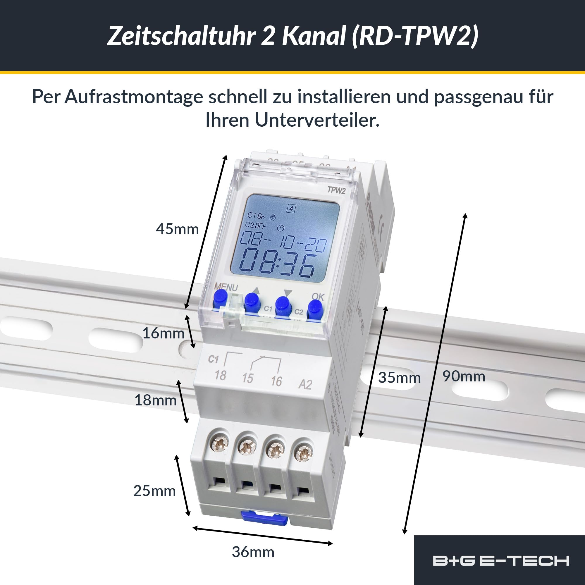 Digitale 2 Kanal Zeitschaltuhr TPW2 Hutschiene Schaltschrank LCD Display Wochenzeitschaltuhr 80 Programmplätze Timer Impuls