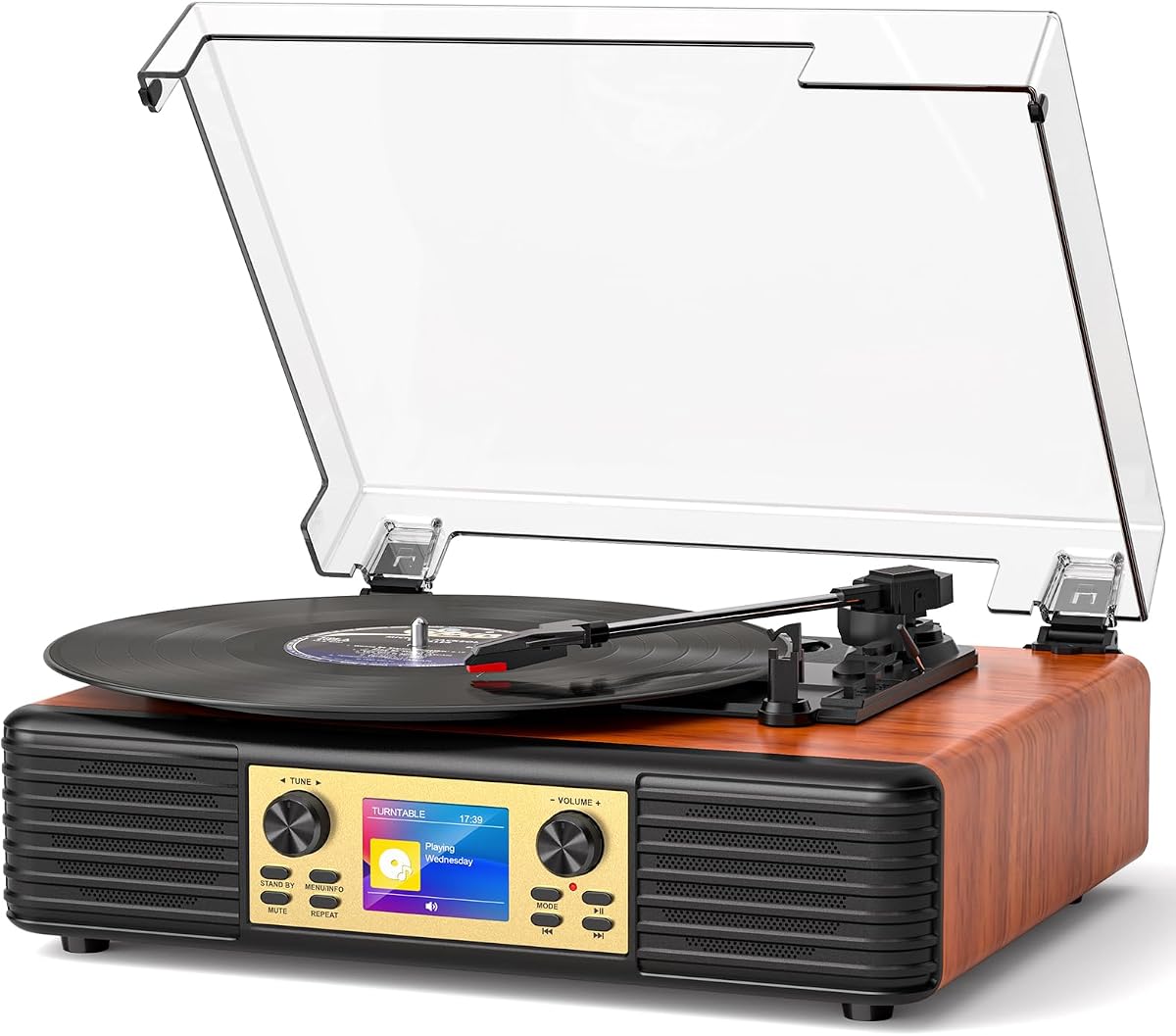 Tocadiscos de vinilo vintage con altavoces, grabación de PC, rojo