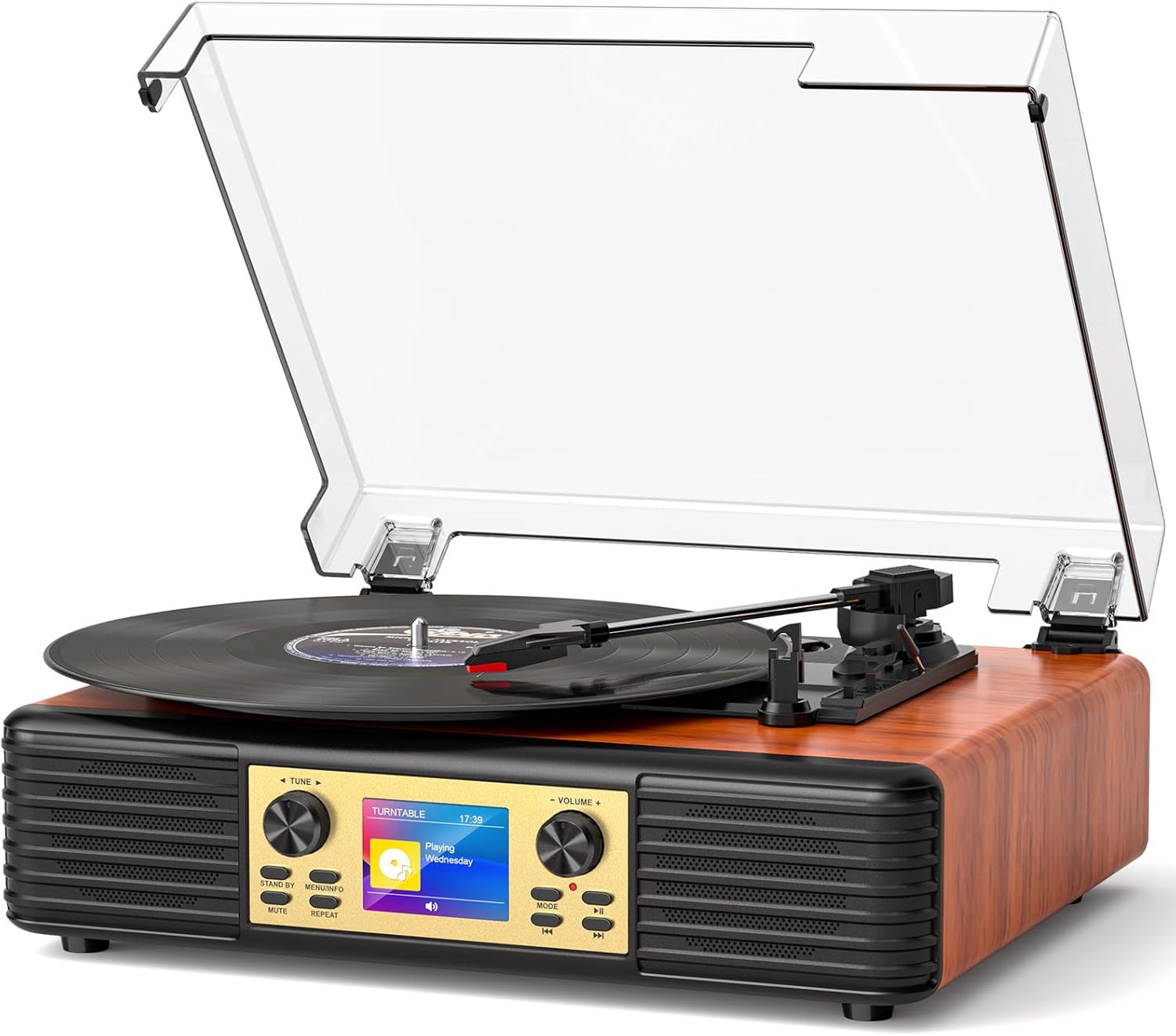 Bluetooth Record Player with Built-in Speakers, USB to PC Recording, 3-Speed Belt-Drive Vintage Turntable with AUX/RCA Output, Brown Wood Grain Retro Vinyl Player for Home Entertainment Gift