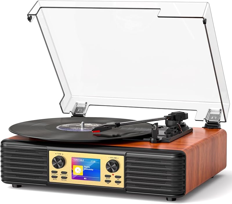 Vintage Vinyl Record Player with Speakers, PC Recording, Red