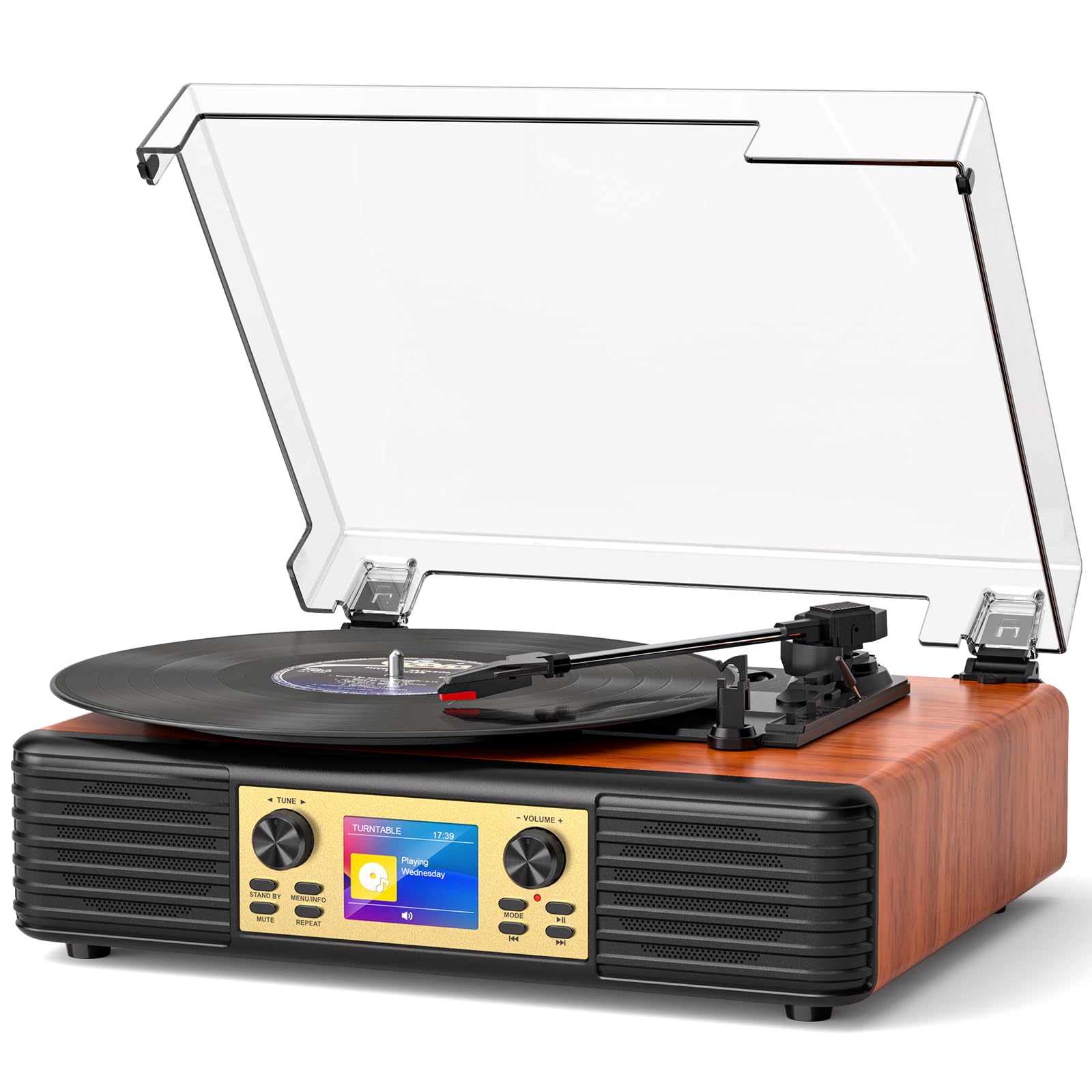 Bluetooth Record Player with Built-in Speakers, USB to PC Recording, 3-Speed Belt-Drive Vintage Turntable with AUX/RCA Output, Brown Wood Grain Retro Vinyl Player for Home Entertainment Gift-image-17