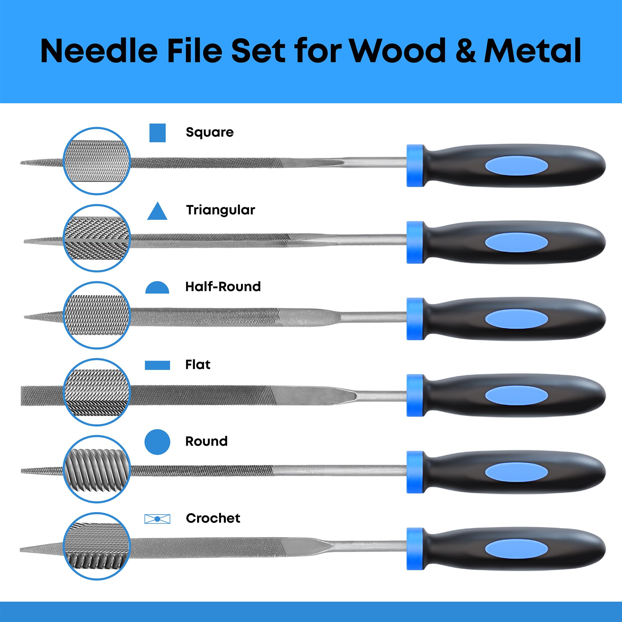 6 pc Needle File Set for Wood, Metal, Plastic and Jewellery - 150x3mm - Small Round, Half-Round, Square, Triangle, Flat and Flat Pointed Files