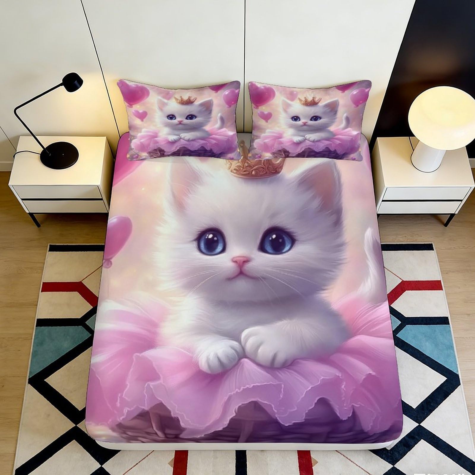 Pnayamiorkfel Style-6 3D Printed White Kitten Princess Fitted Sheet Microfiber Pink Tutu Bed Cover For Bedroom Guest Room Decor Dustproof 90X200x25cm