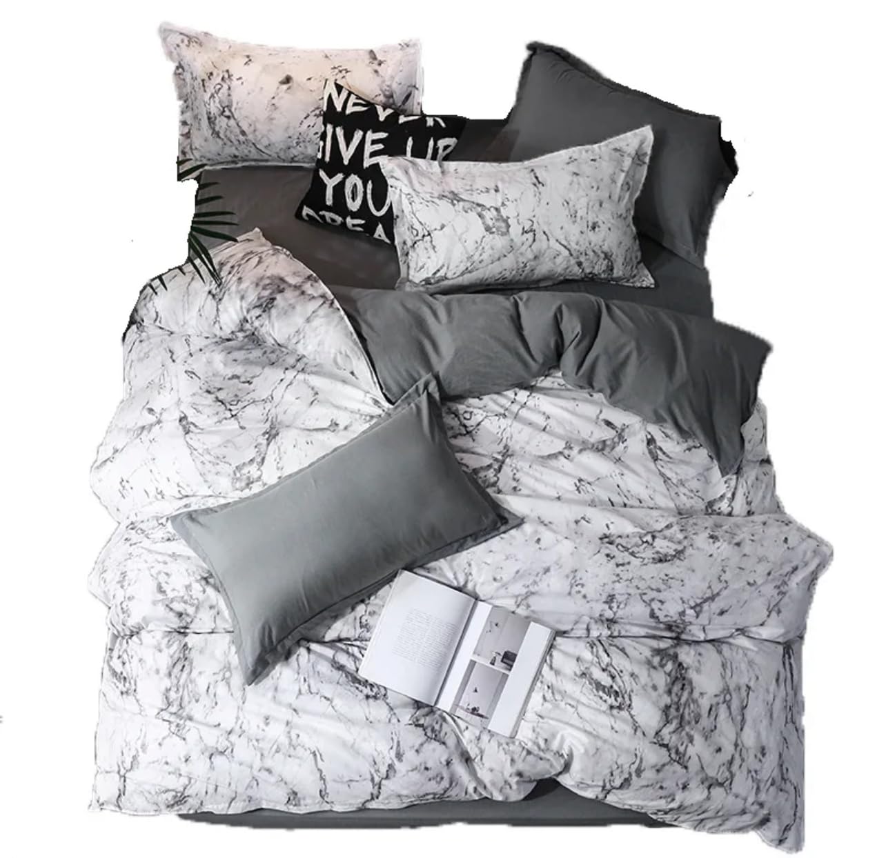 King Size Bedding Set, Hotel Quality 6 Pcs Bedsheet Set with Fitted Sheet 200x200+30cm, Quilt Duvet Cover 220x240cm & 4 Pillow Covers 50x75cm, Modern Design 6 Piece Bedding Set (Marble Grey)