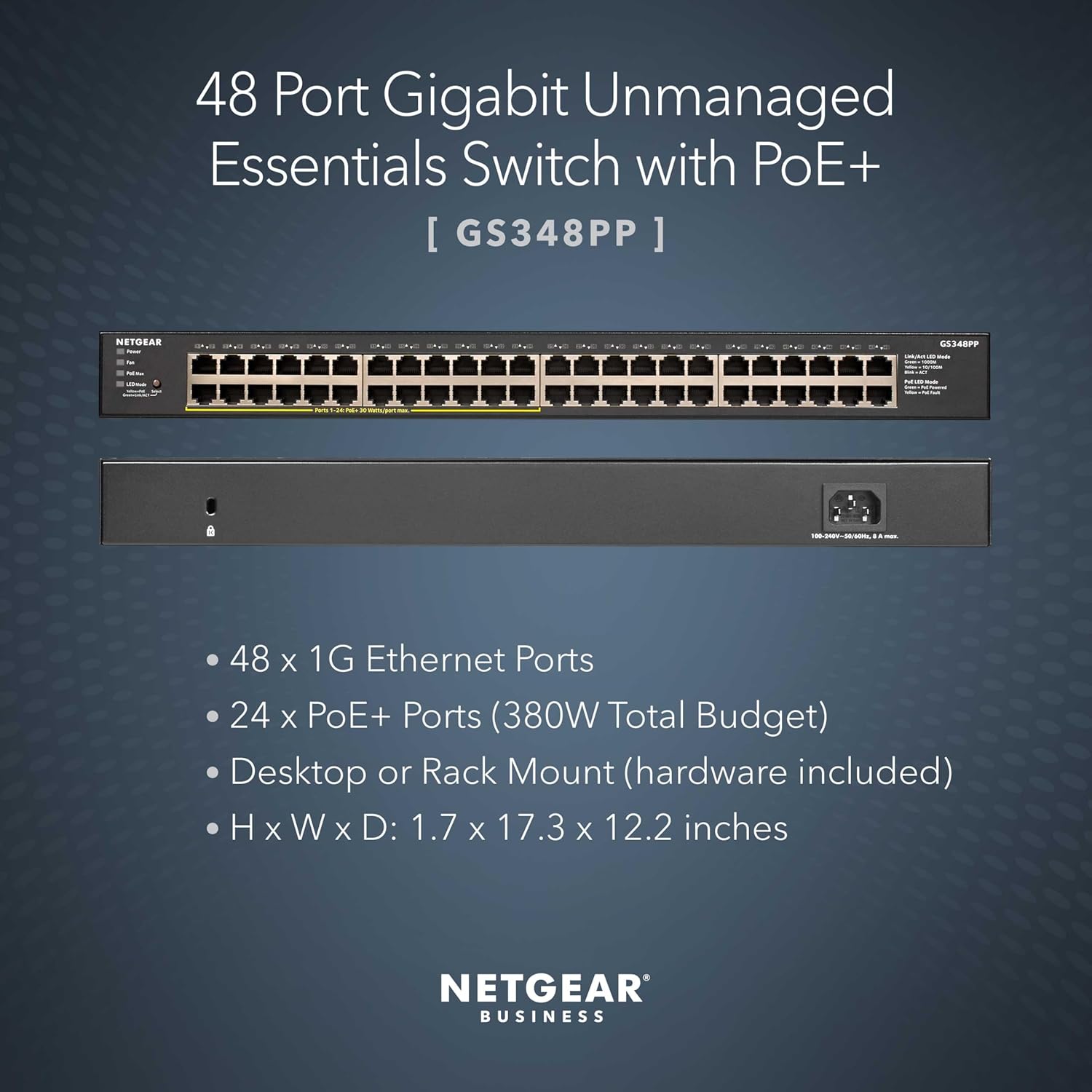 NETGEAR 48-Port PoE+ Gigabit Ethernet Unmanaged Essentials Switch (GS348PP) - with 24 x PoE+ @ 380W, Desktop or Rackmount