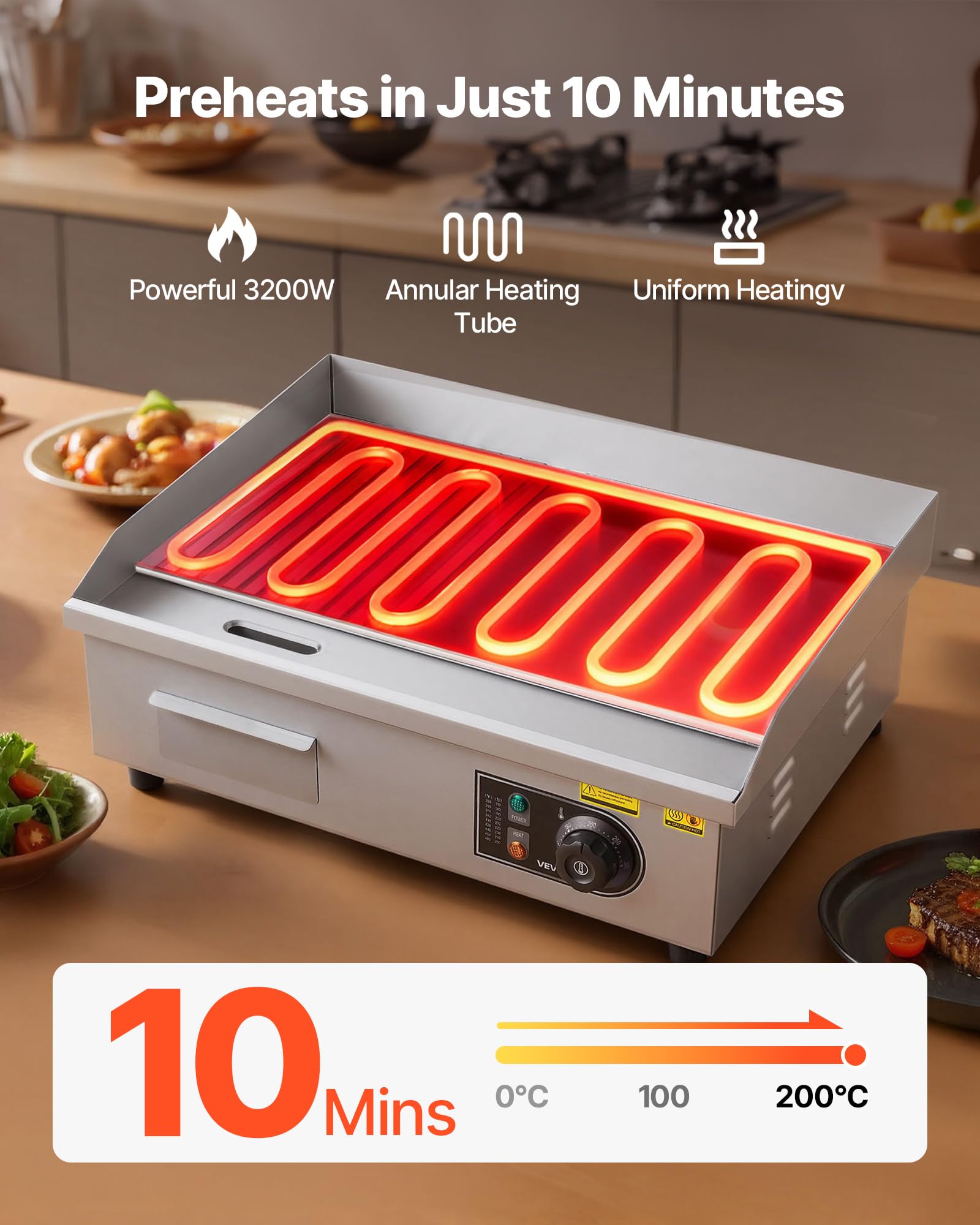 VEVOR Plancha Eléctrica, 3200 W, Control de Temperatura Ajustable 50 a 300 °C, Cuerpo de Acero Inoxidable, Mitad Ranurada, Mitad Plana, con 2 Espátulas, 2 Cepillos y 4 Almohadillas para los Pies