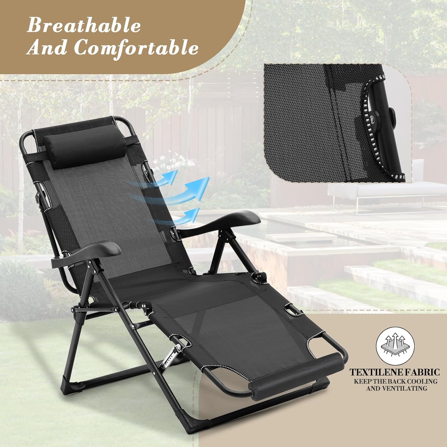 Athena Collection Zero Gravity Outdoor Lounge Chair Recliner Set of 2, 27" Width Reclining Pool Lounge Lawn Chairs with Headrest Foot Pad, Outdoor Chaise for Beach Patio Backyard Outside, Black