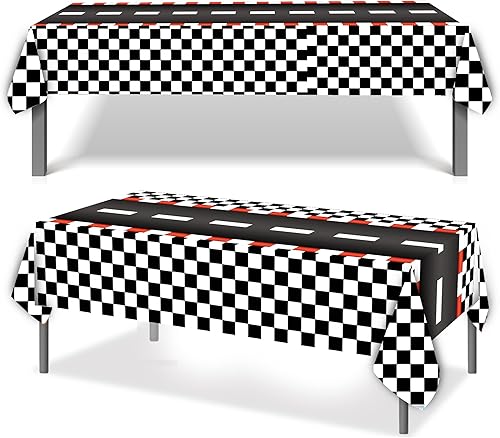 Miniatura 7 de 2 manteles de plástico desechables con diseño de automóvil de carreras, con diseño de bandera a cuadros negros, mantel rectangular para niños,