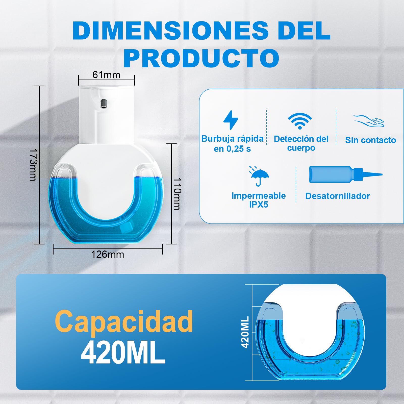 Fantictas Dispensador de jabon automático 420ml sin Contacto 500 mAh USB Recargable para Pared