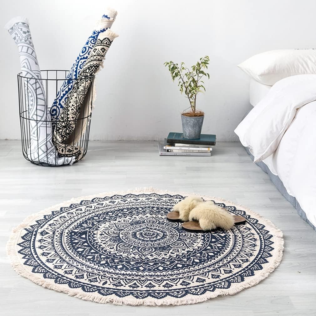 Hand Woven Cotton Linen Boho Circular Area Rugs Stain Resistant Durable Machine Washable Bohemia Living Room Bedroom Rug Soft Runner Carpet Door Mat Nursery Home Décor (23.6" X 23.6", 17)