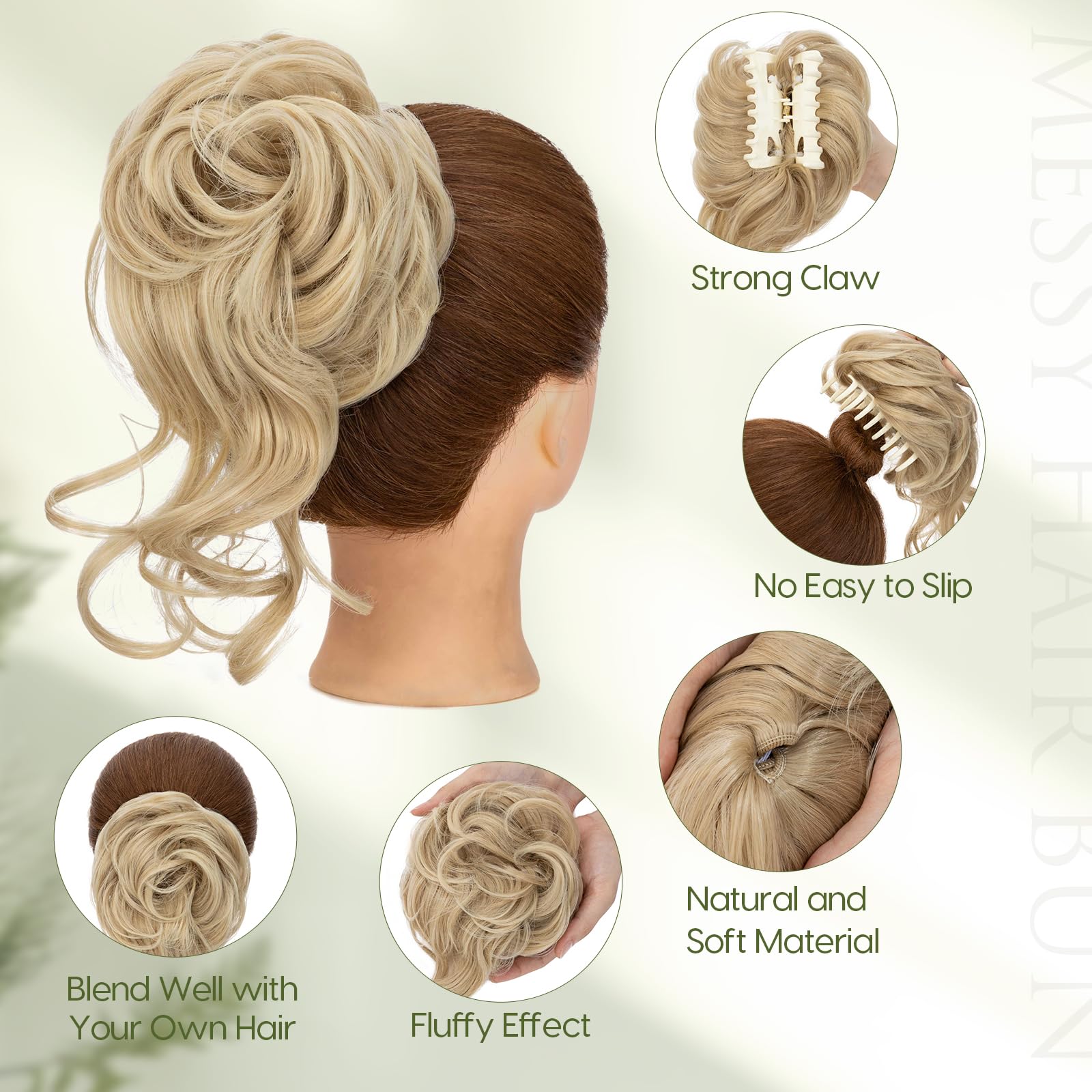 Benehair Messy Bun Hair Piece Wavy Curly Claw Clip Hair Bun Extensions Synthetic Hair Bun Donut Accessories Scrunchies Middle Blonde Hair Pieces for Women(Middle Blonde, 75g) - Image 3