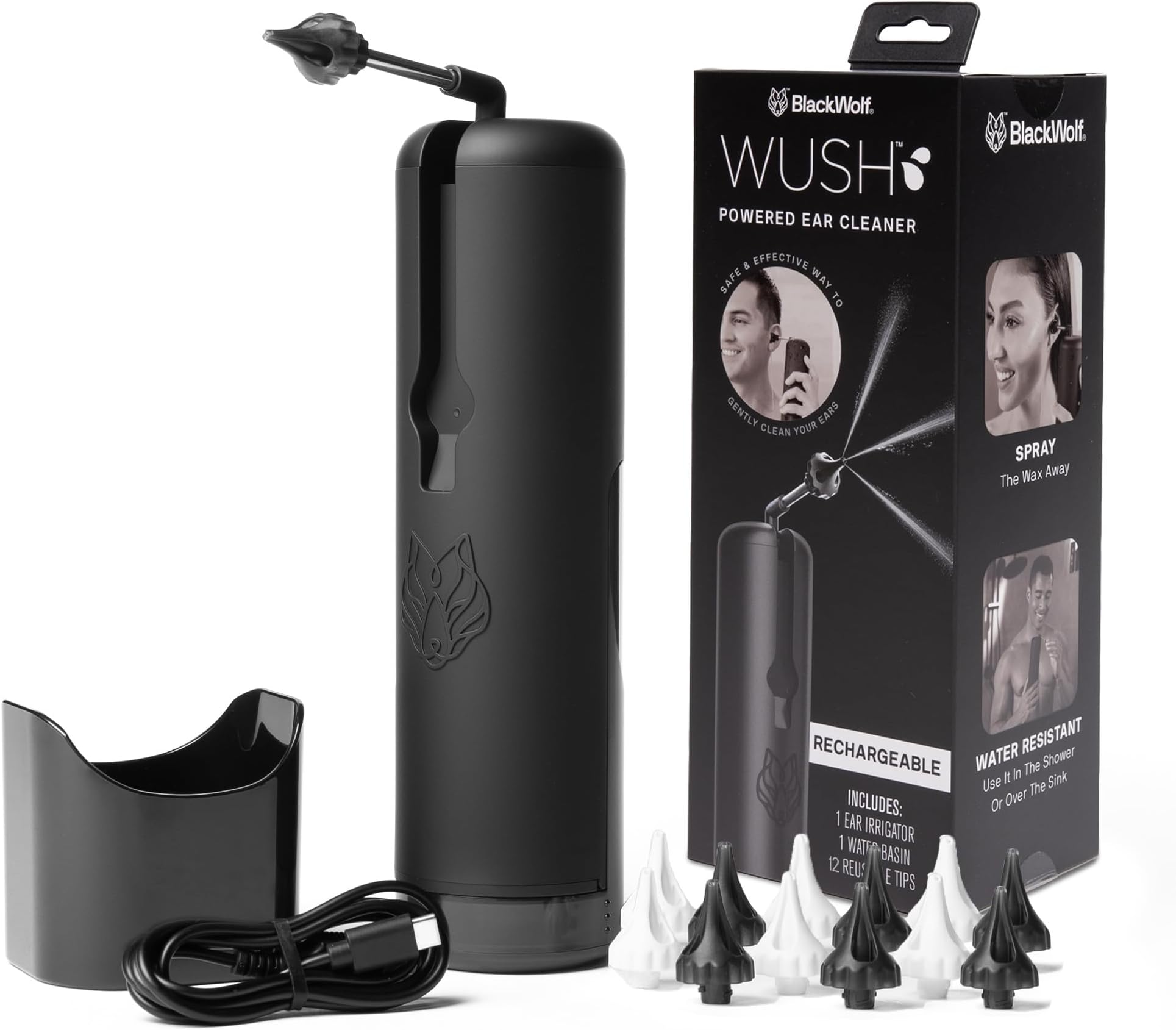 Wush Pro Water Powered Ear Cleaner with 12 Reusable Replacement Tips by Black Wolf - Safe & Effective - Electric Triple Jet Stream with 3 Pressure Settings for Ear Wax Buildup - Ear Wax Removal Kit