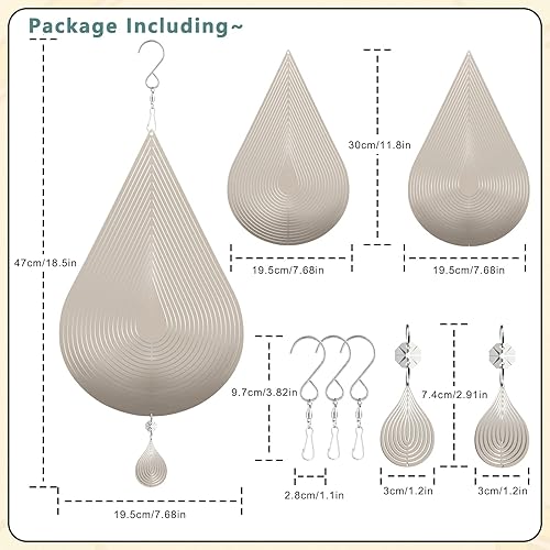 Miniatura 3 de Molinillos de viento, paquete de 2 hilanderos de viento colgantes de acero inoxidable 3D de 12 pulgadas con 2 colgantes de gota de agua y 3 ganchos