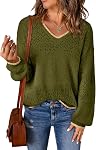 SHEWIN Womens Sweaters Causal Long Sleeve V Neck Lightweight Crochet Cable Knit Pullover Sweater Tops