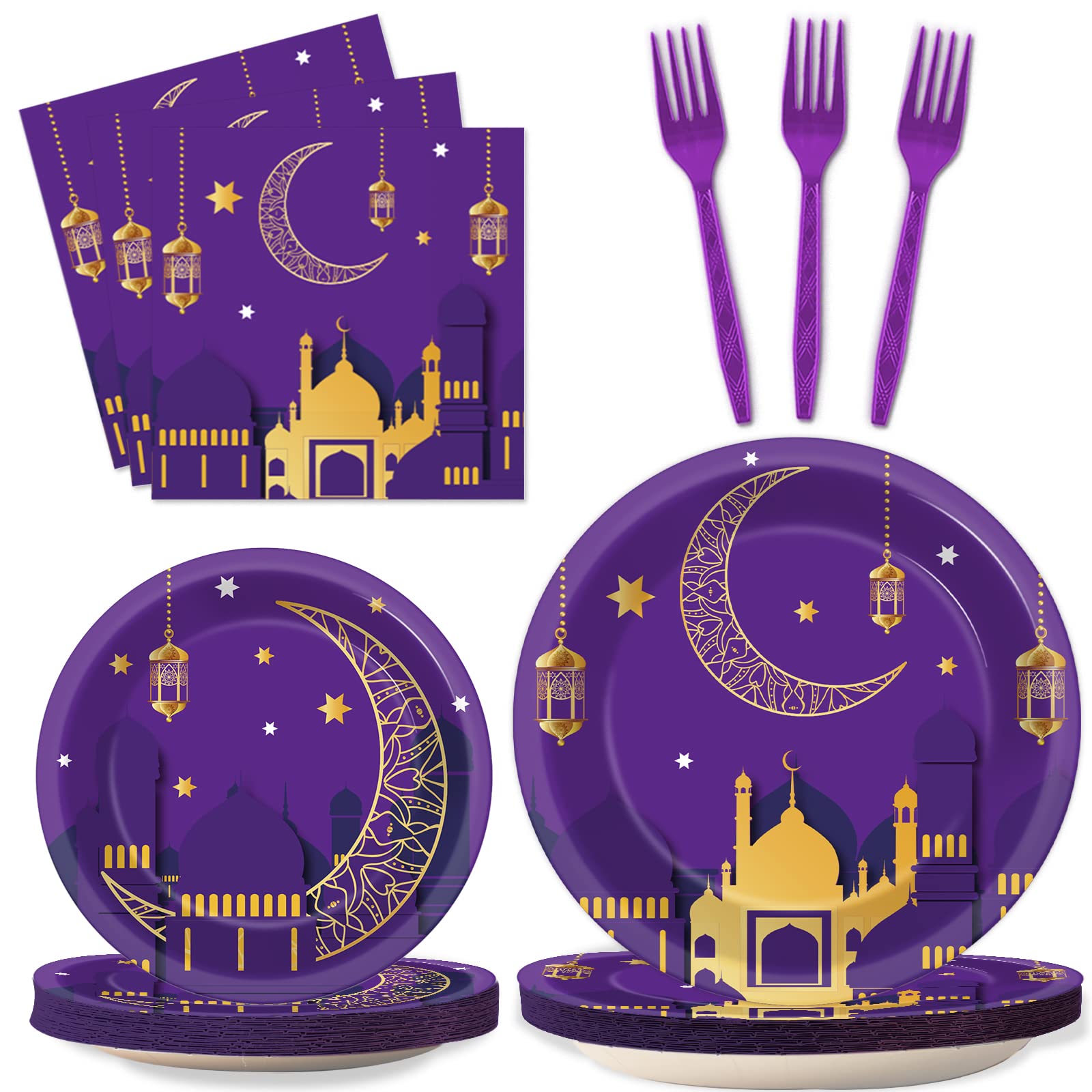 96 Pieces Ramadan Mubarak Plates for Eid Mubarak Table Decorations Supplies Eid Al-fitr Party Tableware Set Happiness Ramadan Party Napkins Forks for 24 Guests Ramadan Party Favors