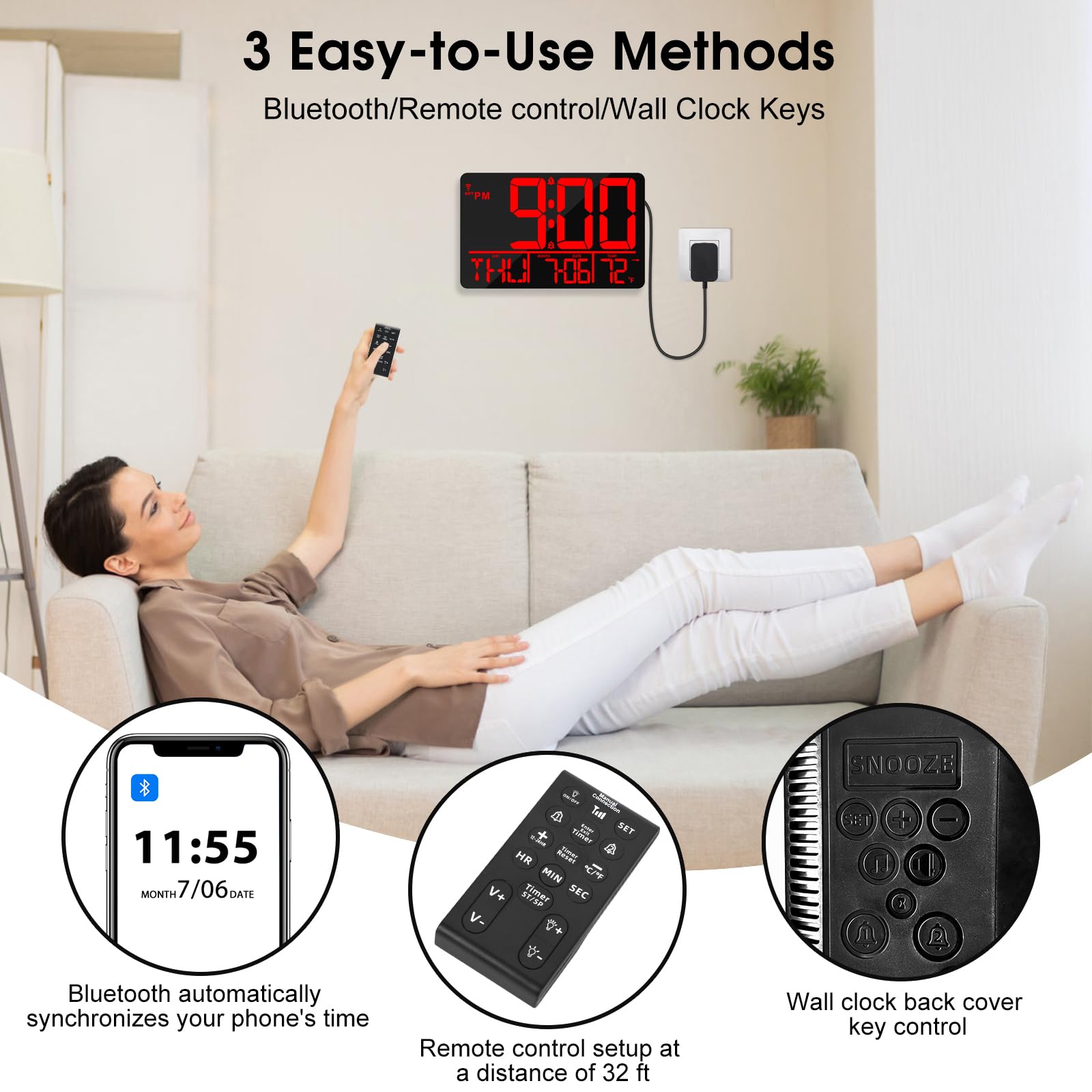 Grande horloge murale numérique LED de 33 cm avec télécommande, synchronisation Bluetooth, 25 sonneries, température, date et jour de la semaine, double alarme, luminosité automatique, DST