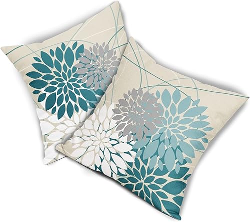 Miniatura 3 de Juego de 2 fundas de almohada color verde azulado de 18 x 18 pulgadas, diseño de flores de dalia gris y verde azulado, elegante línea floral,