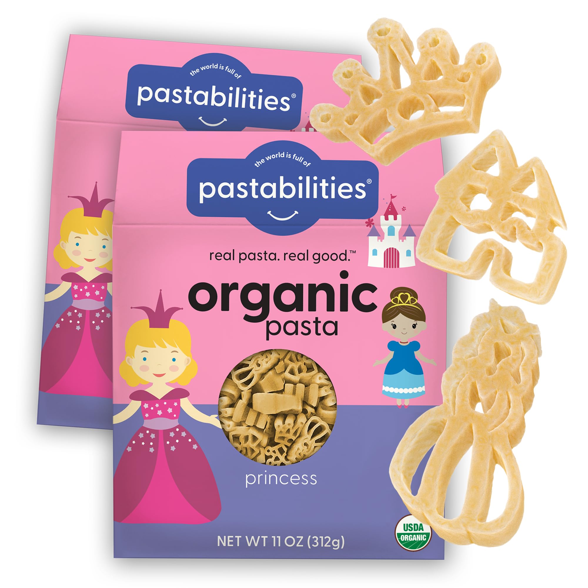 Pastabilities Organic Pasta for Kids - Princess Shaped - Princess & Castle Fun Theme, Family Size Serves 4, Non-GMO Natural Wheat Pasta, All-Natural, Kosher Certified, Made in the USA, (2 Pack, 11 Oz)