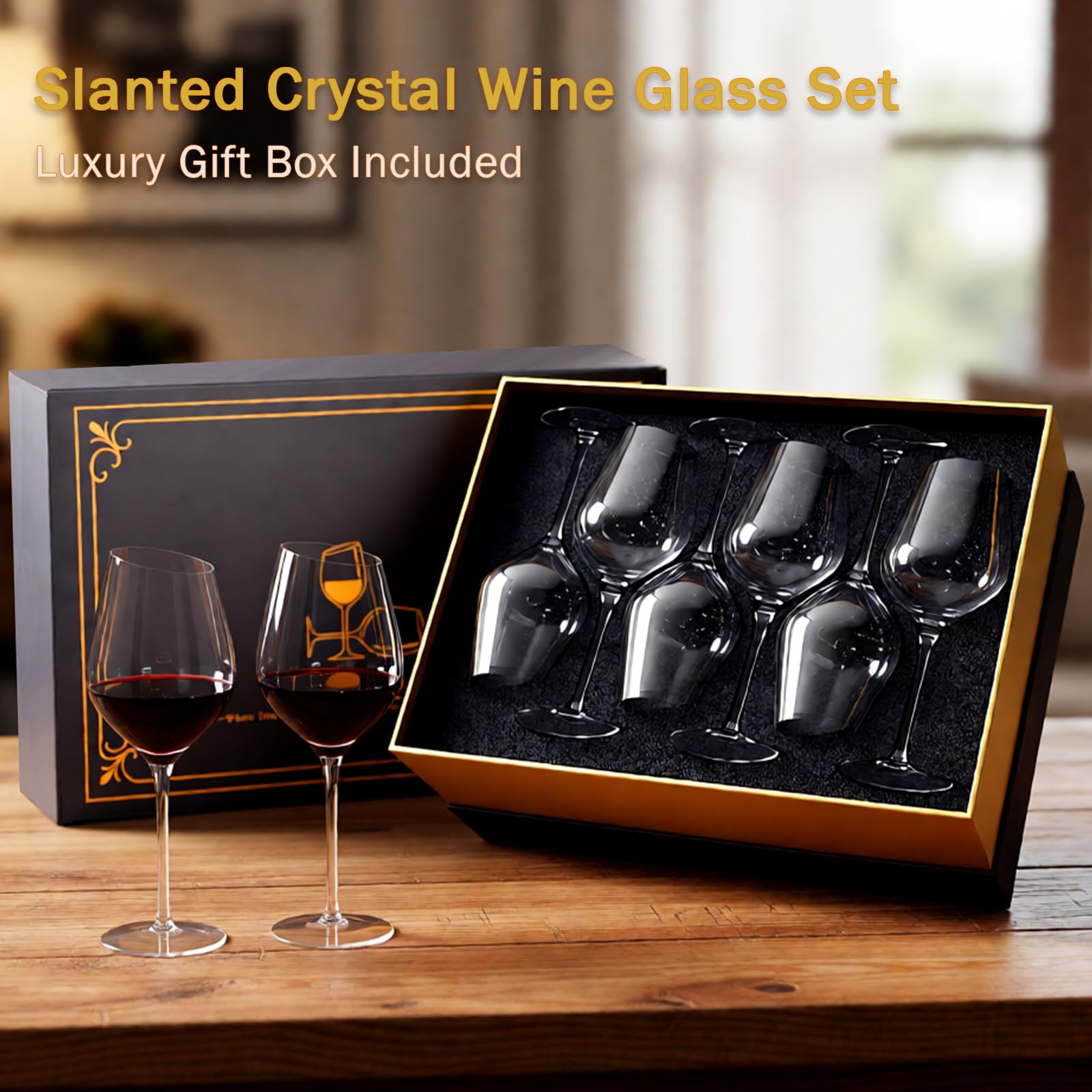 Juego de 6 copas de vino de cristal con borde inclinado, copas de vino tinto sopladas a mano, juego de copas de vino transparentes sin plomo, copas de vino grandes, regalo para mujeres y