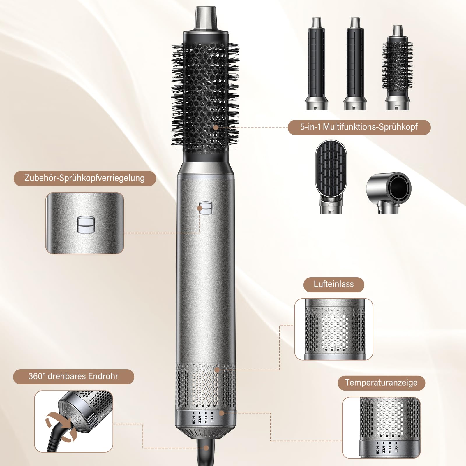 5 in 1 Hairstyler - Professionelle Airstyler mit Ionen Föhn, Lockenstab Automatisch, Warmluftbürste, Glättbürste und Volumen Styling für schnelle Frisuren zu Hause, Büro und Reisen Silber