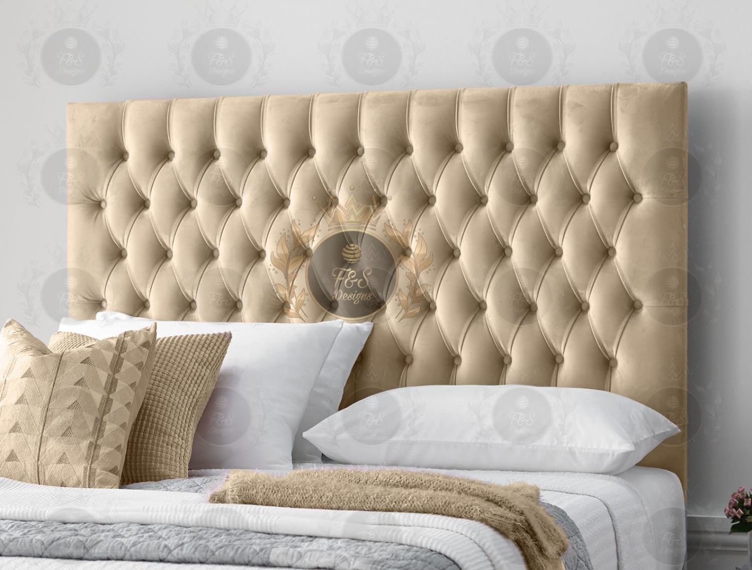 F&S Designs Headboard for Divan Bed Chesterfield Plush Velvet Upholstered Panelled Bed Head (Coffee, 4ft Small Double - 24" Height)