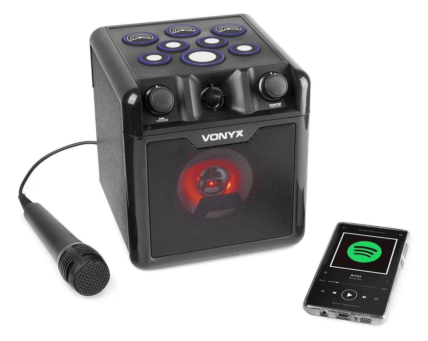 Vonyx SBS50B-DRUM Karaoke Maschine für Kinder mit Drum Pads, inkl. Mikrofon, Bluetooth, Party Lautsprecher mit Fingertrommel, Akku Lautsprecher, Percussion Felder, Karaoke Anlage, Musik Box, Schwarz