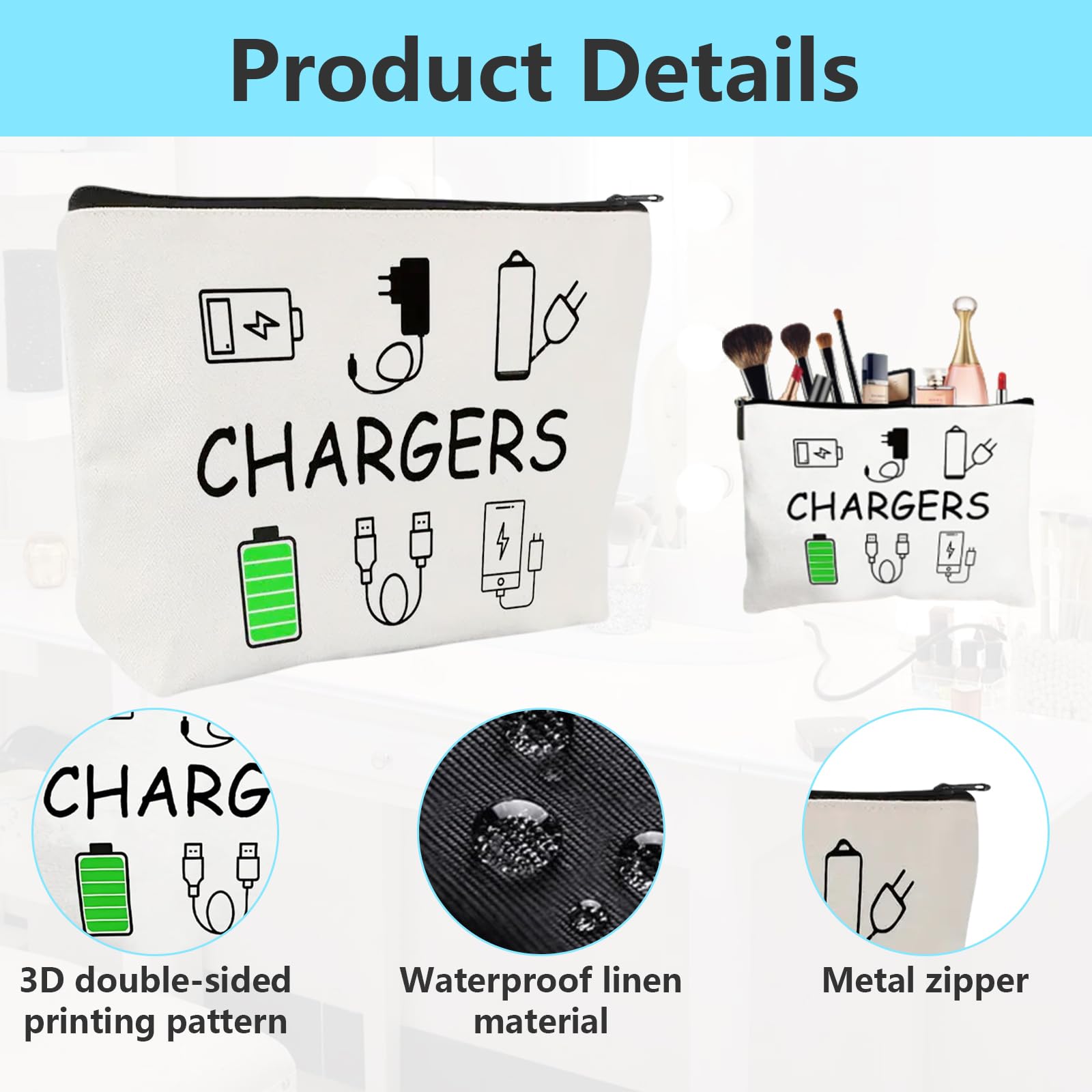 Organiser Bag - Homiladi Personalized Charging Cable Organizer & Toiletry Bag for Women, White - Image 3