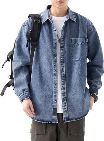 Men Button Down Jean Shacket Mens Slim-Fit Jean Shirt Coat Men Casual Long Sleeve Denim Jacket
