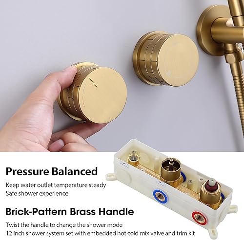 Miniatura 4 de TRUSTMI Sistema de ducha dorado cepillado con boquilla giratoria, juego de ducha de lluvia de 12 pulgadas montado en la pared con válvula desviadora