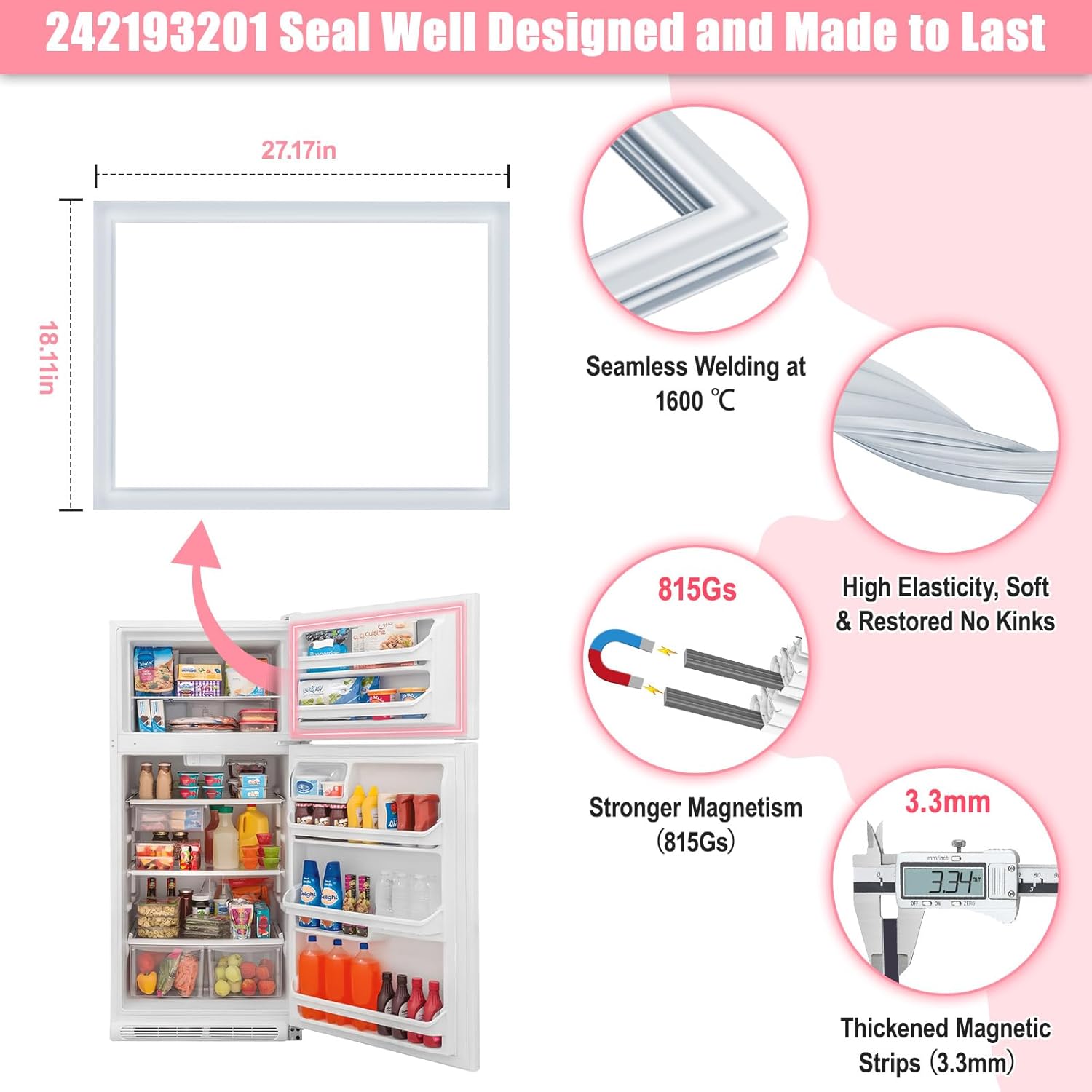 LXun Upgrad 27.17"X18.11" 242193201 Freezer Door Gasket Seal Replacement for Frigidaire Top-mount Refrigerator Door Gasket Kenmore Crosley Freezer Door Seal Part PS7321340 AP5669862 EAP7321340 2689594