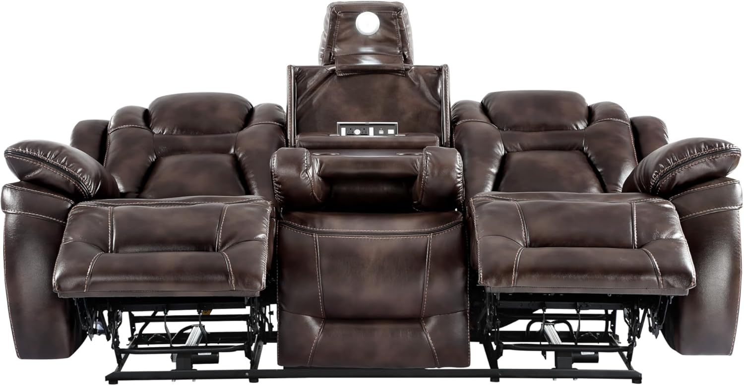 Oportuna Brown Faux Leather Power Reclining Sofa with Cup Holders