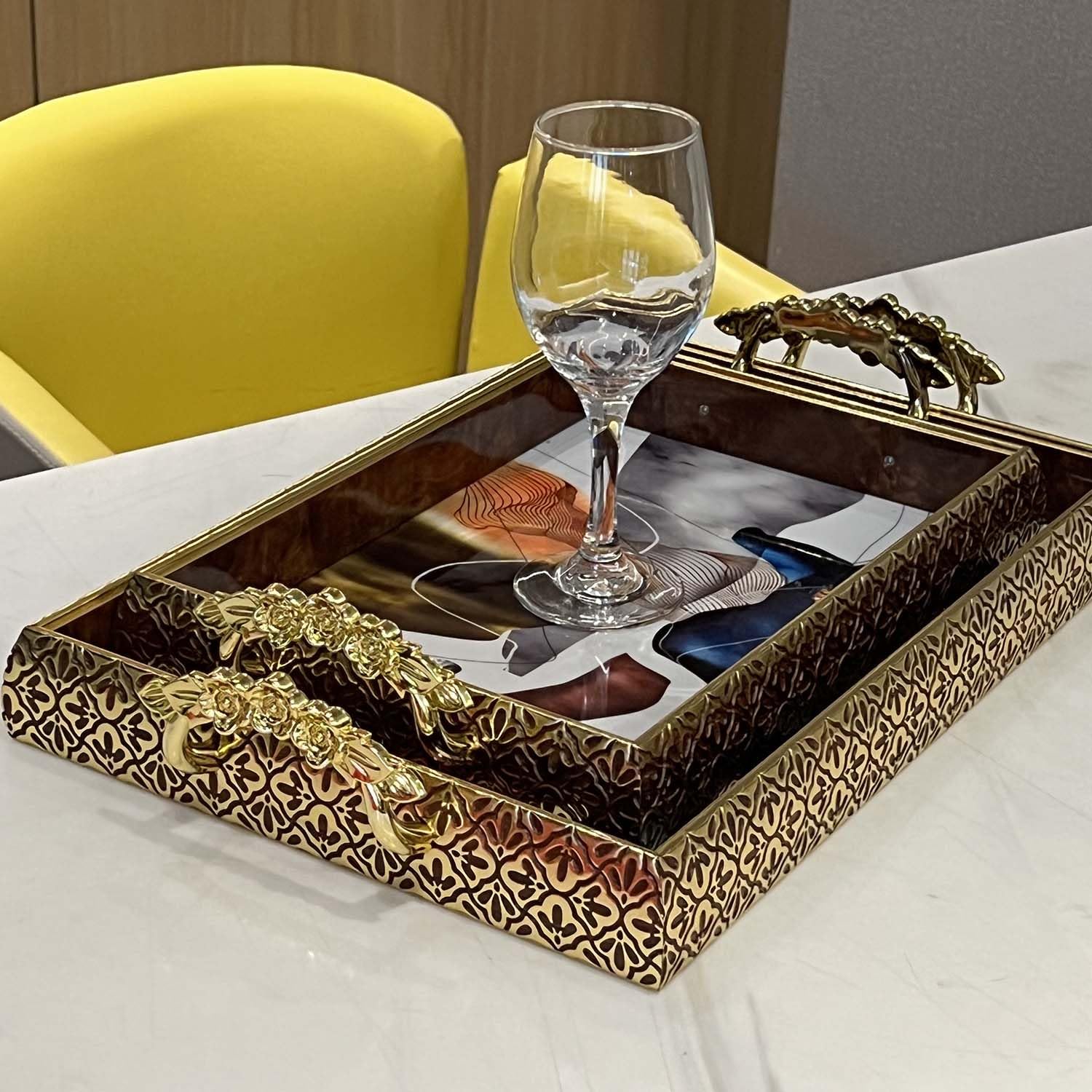 Zosenley Decorative Tray, Set of 2 Abstract Plastic Tray with Gold Patterned Handles