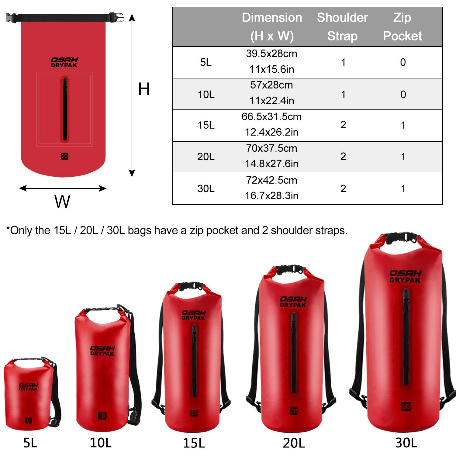 OSAH DRYPAK Borse Impermeabile Sacca Dry Bag 5L 10L 15L 20L 30L con Tracolla Regolabile per Spiaggia Sport d'Acqua Trekking Kayak Canoa Pesca Rafting Nuoto Campeggio